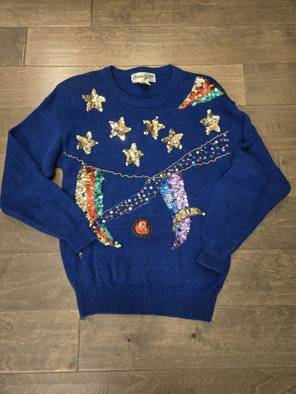Vintage 1980s Knit Bedazzled Beaded Sweater Christine Gerard Size Medium Navy